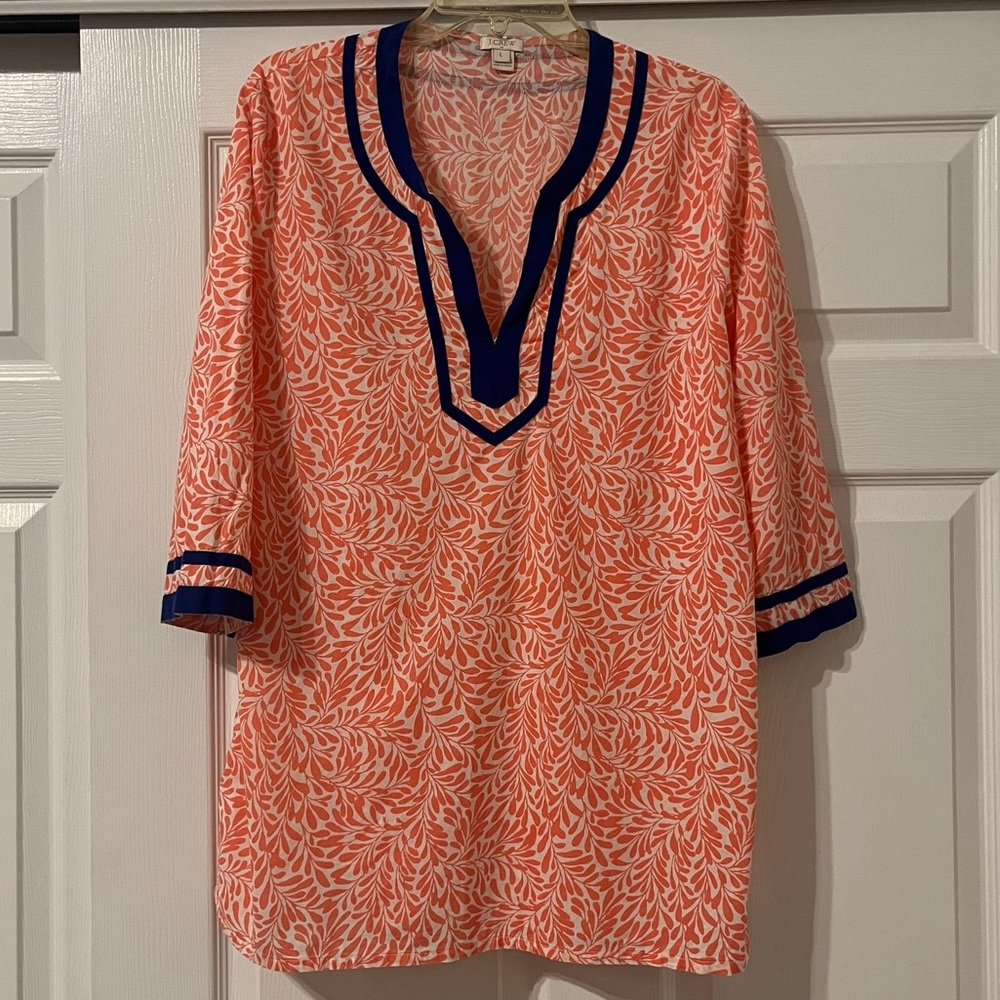 JCrew coral tunic coverup with cobalt blue trim size L